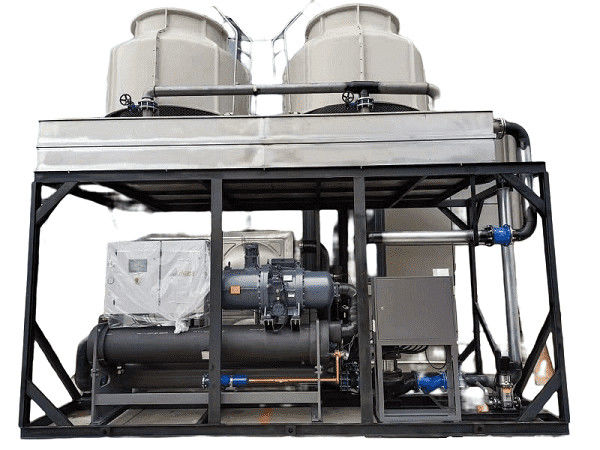 100hp Υδατοψυγμένο ψυγείο χαμηλής θερμοκρασίας τύπου βίδας με διπλό συμπιεστή Hanbell για μηχανή εμβολιασμού